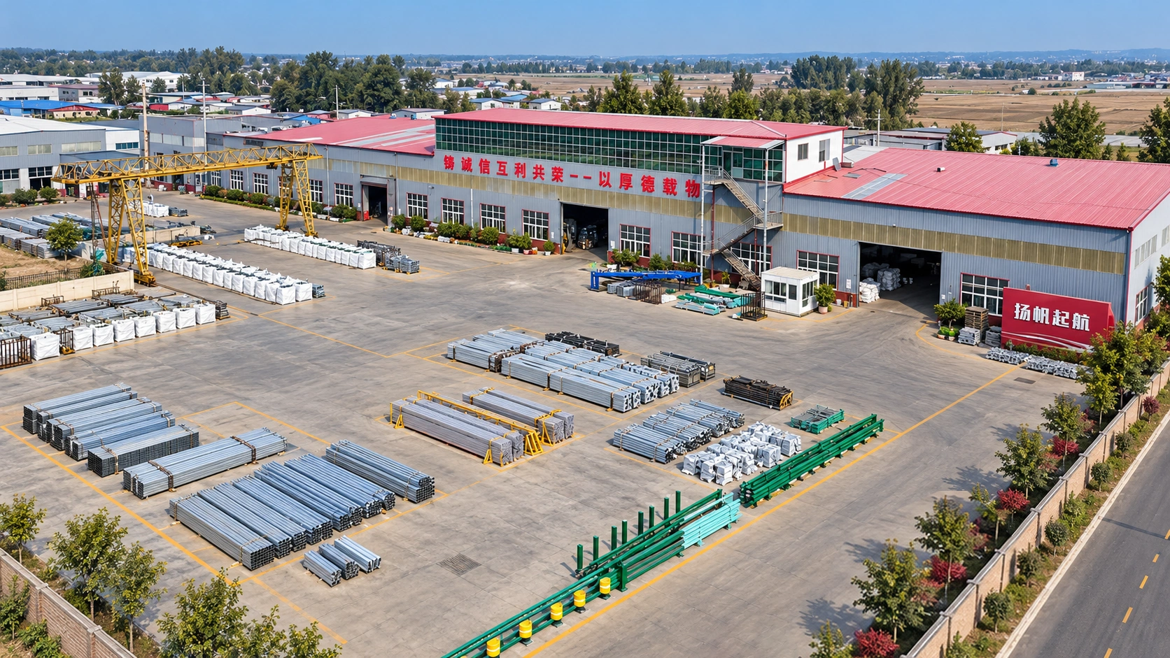 Vista fornecida do pátio da fábrica e dos materiais para defensas