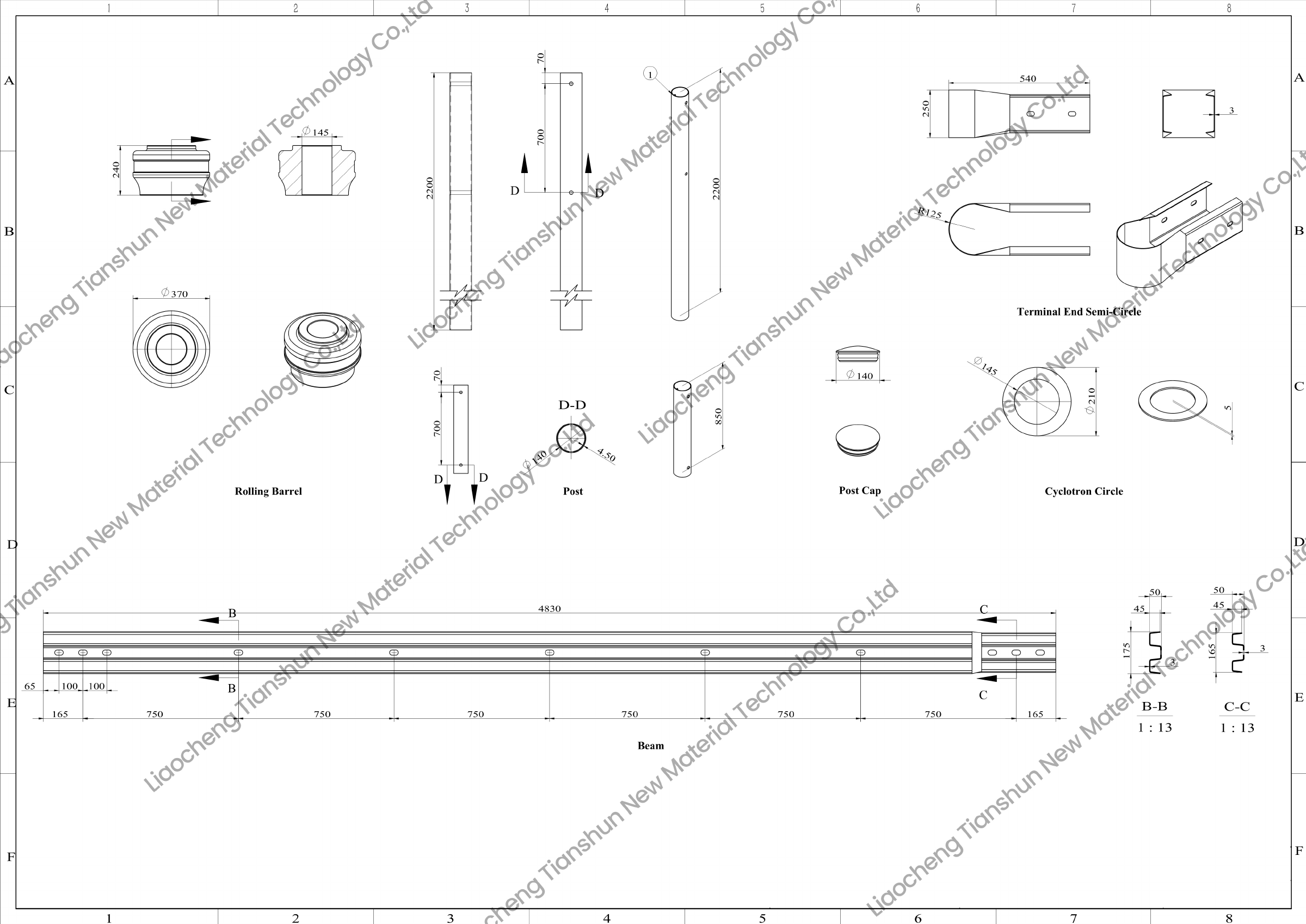 Component dimensions - complete roller barrier drawing page 1 of 4