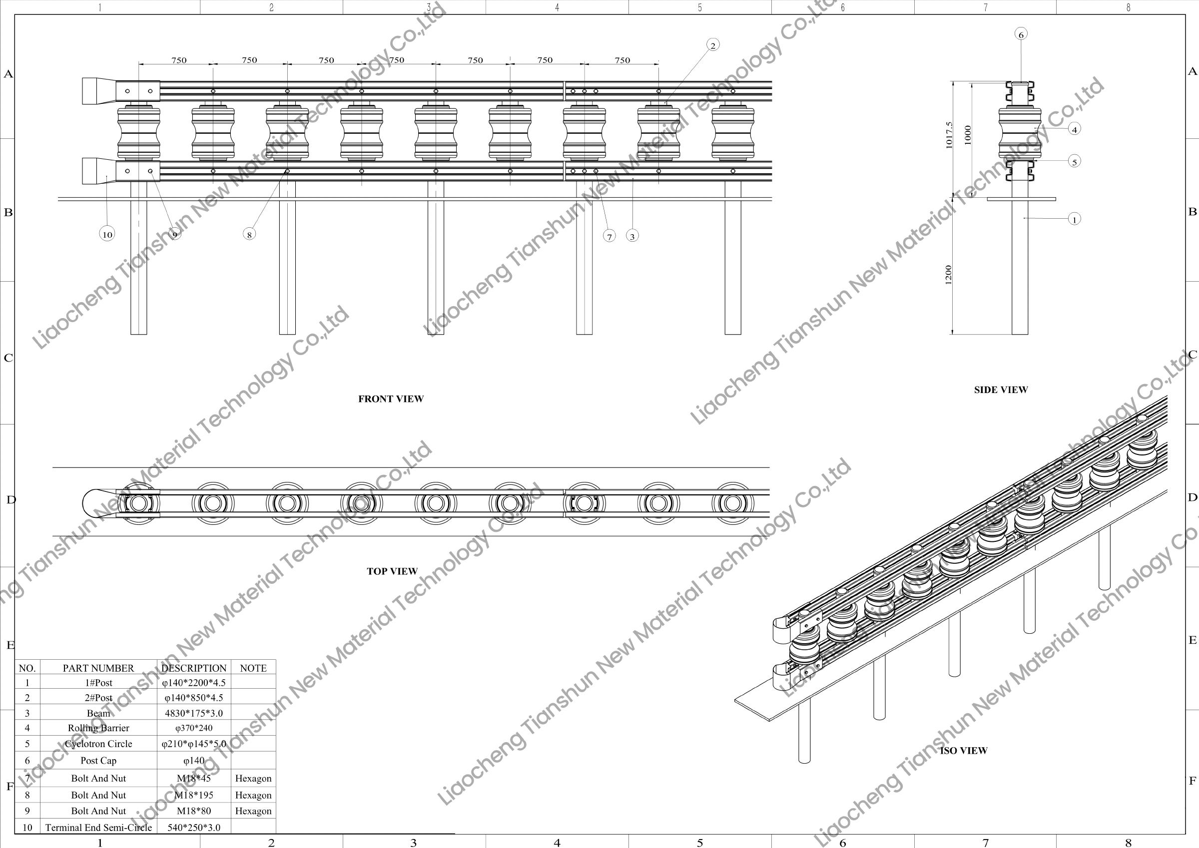 Assembly views and parts list - complete roller barrier drawing page 2 of 4
