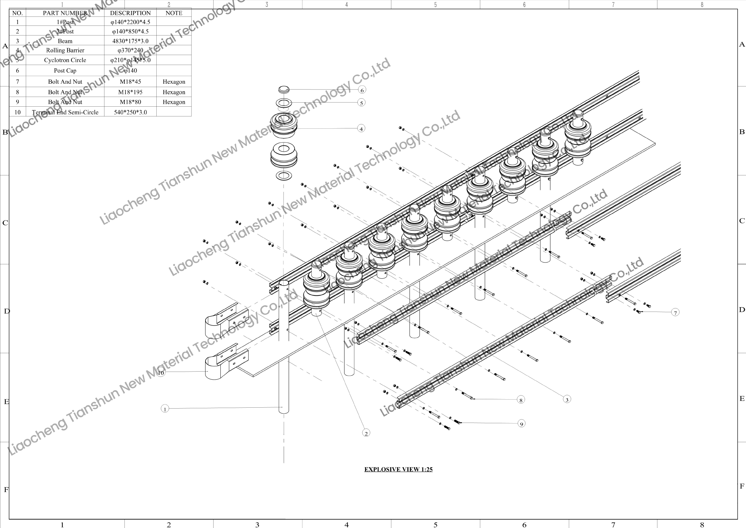 Exploded assembly and parts list - complete roller barrier drawing page 4 of 4