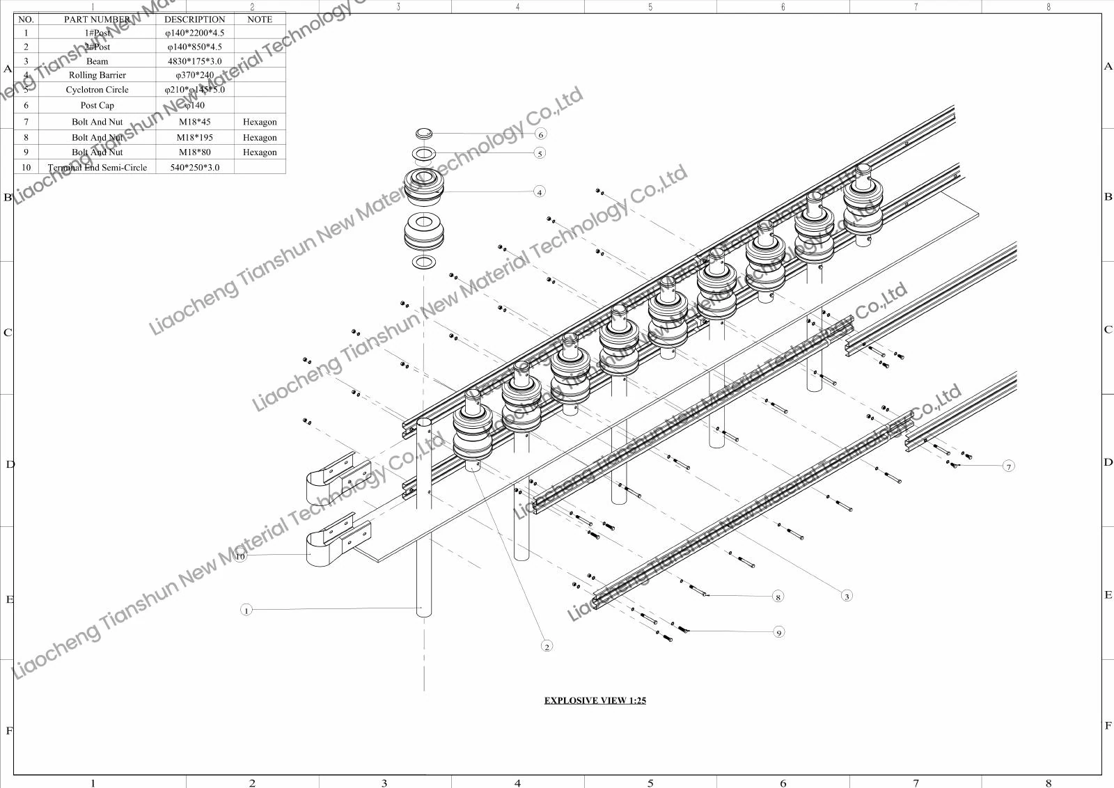 Exploded roller barrier assembly from the supplied drawing